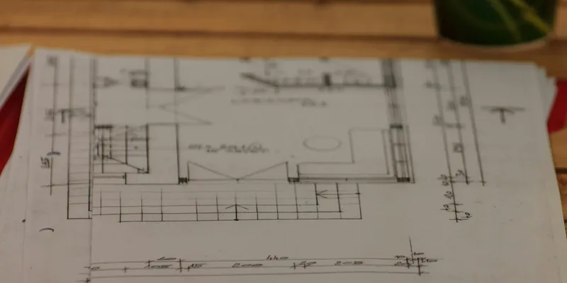 Håndtegnet plantegning av en bolig, lagt på et trebord over en rød mappe.